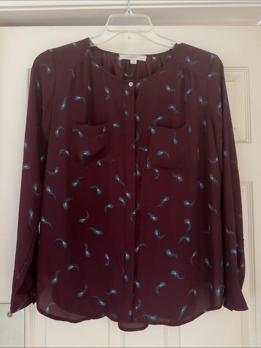 LOFT Burgundy Feather Print Long-Sleeve Button Down Blouse size M